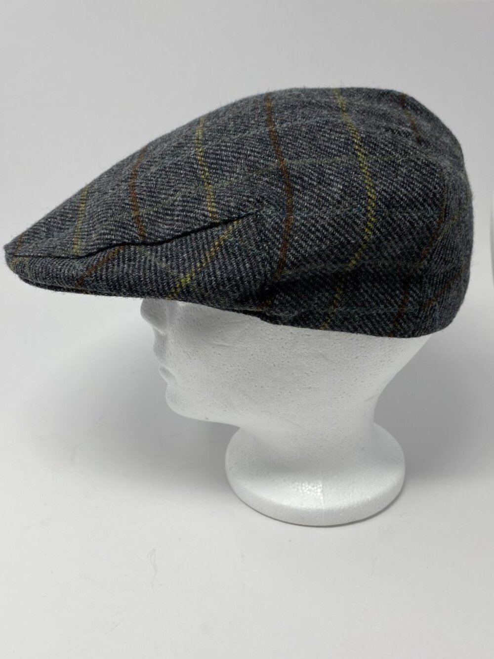 Hats of Ireland Tweed Flat Cap Hat Size 7 3/8 Newsboy Cabbie Herringbone Gray